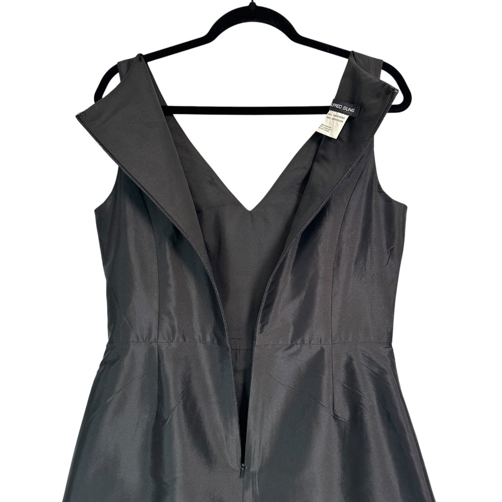 Alfred Sung Midi Dress High Low V-Neck Pleated Pocket Black‎ 12 Dupioni Satin - Picture 8 of 11